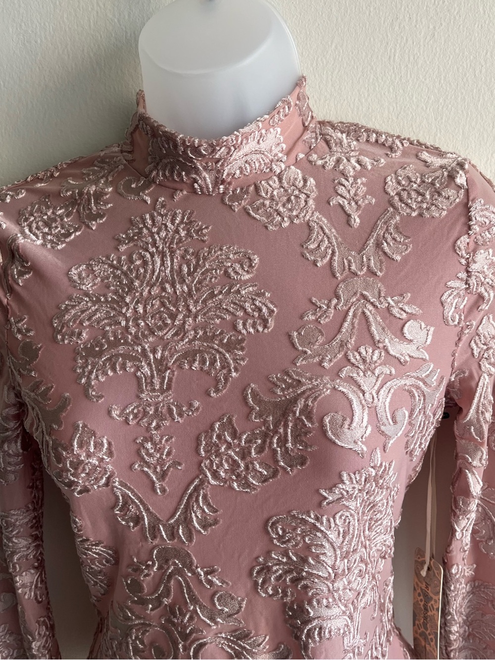 iris Dusty Rose Mock Neck Lace-Embroidered Long Sleeve Bodysuit Small Top New - Picture 2 of 6